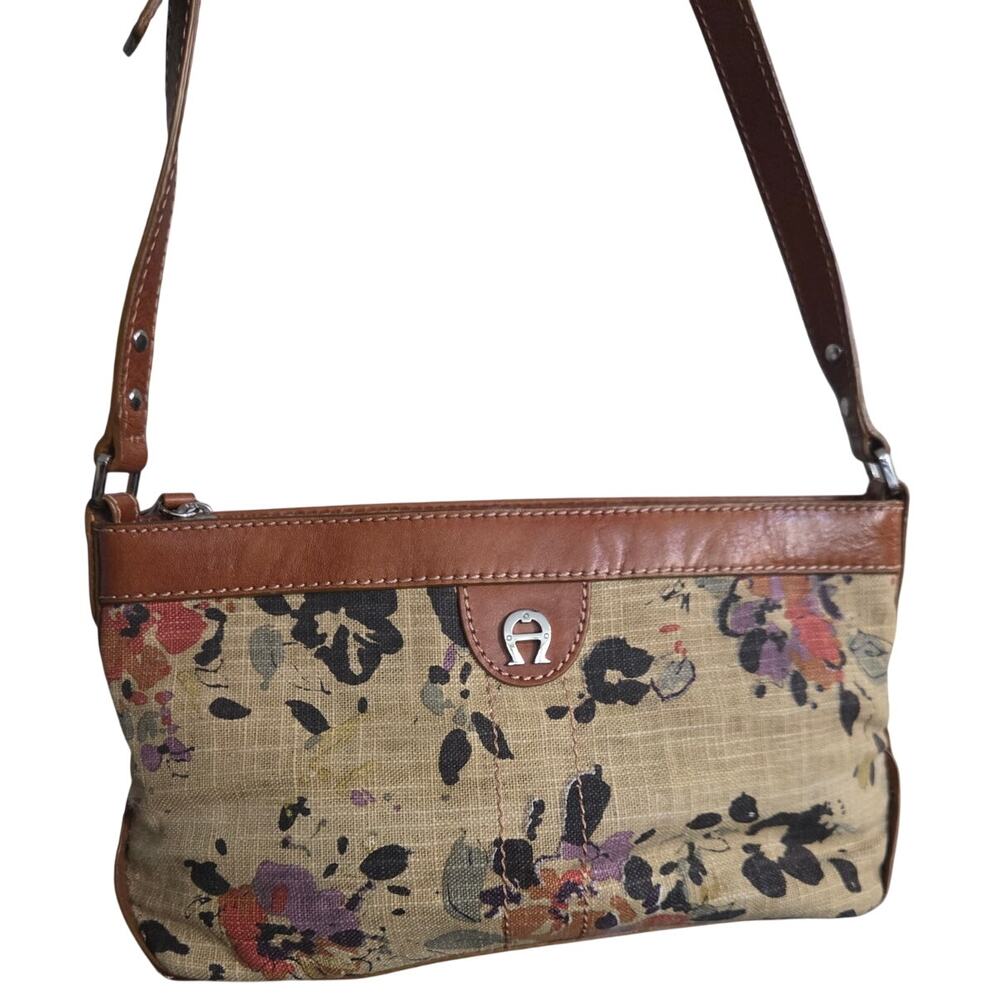 Vintage 90s Y2K Etienne Aigner Floral Tapestry Canvas LEATHER Shoulder Bag